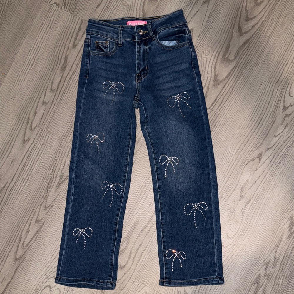 Dark Wash Girls Jeans with Rhinestone Bow Accents